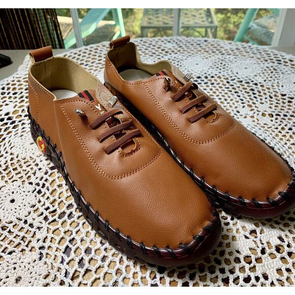 Women's Sz 8.5 M Leather Soft Bottom Brown Flat Loafers Handmade Non-Slip Sk 622 - Picture 1 of 8